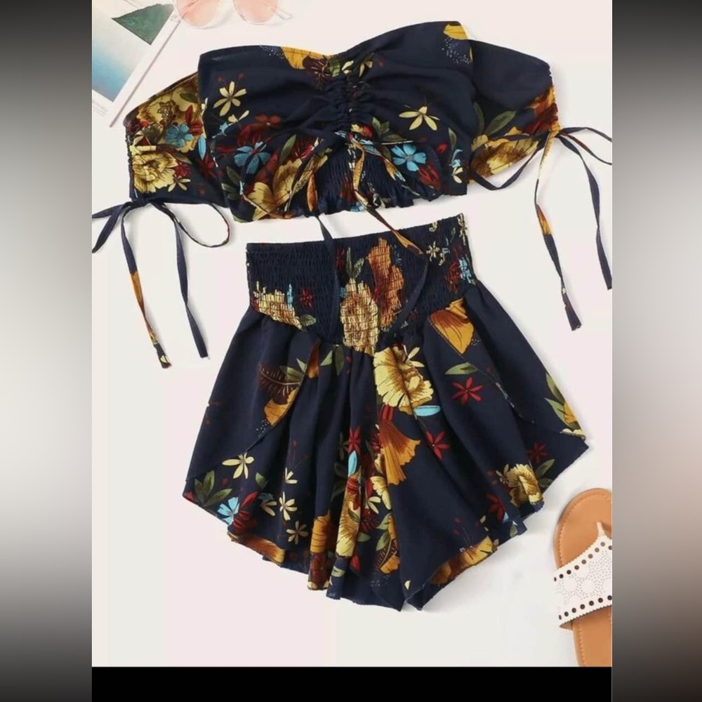 Plus Off Shoulder Floral Print Shirred Top With Shorts